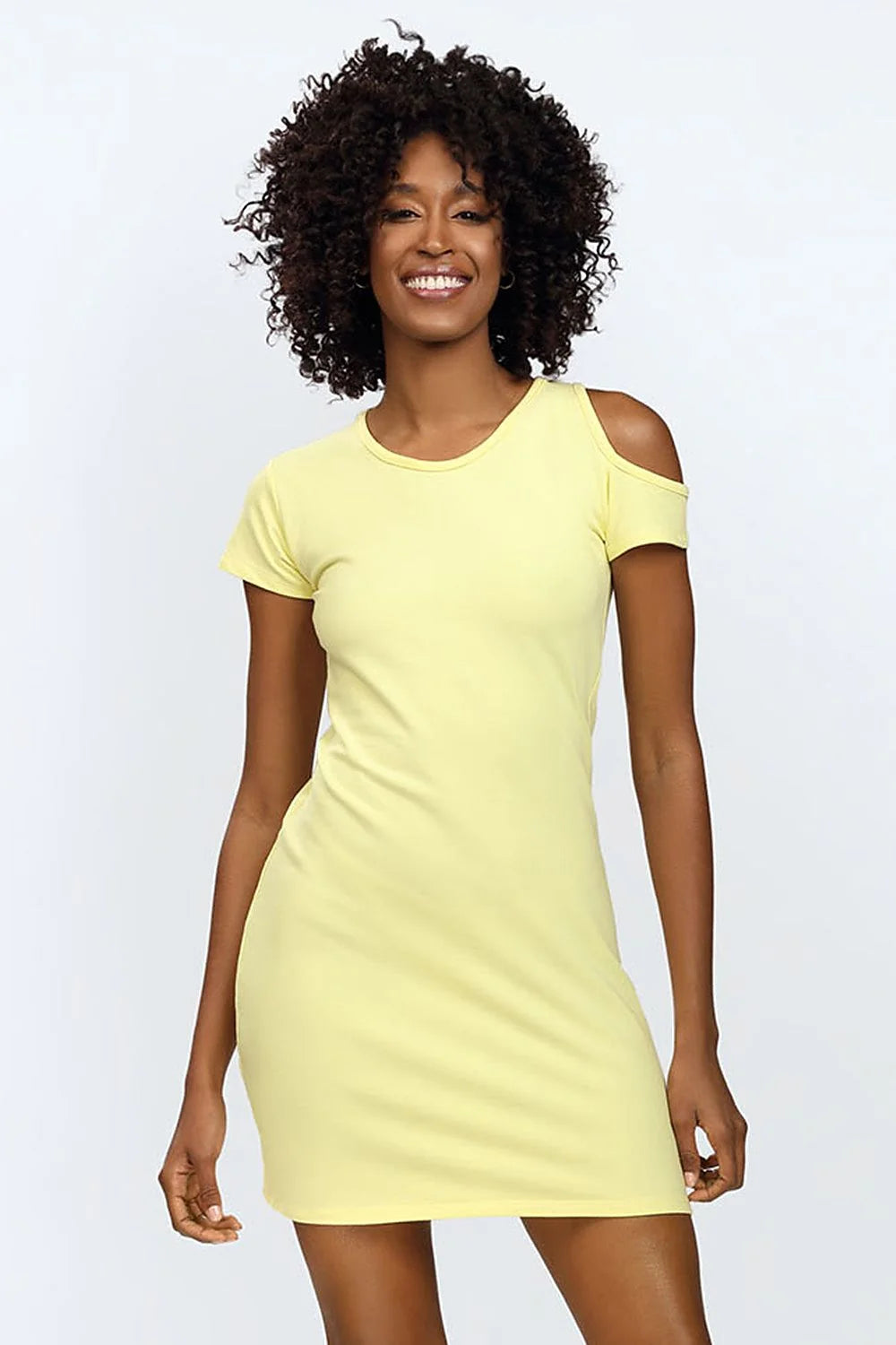 Robe de jour DKaren asymétrique épaule nue coton jaune clair mini été printemps femme style moderne polyvalente