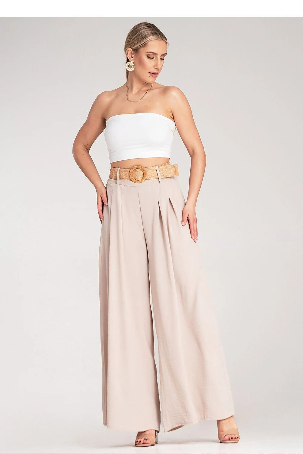 Pantalon femme Figl large taille haute ceinture tressée polyester 100% élégance moderne style casual occasion semi-formelle