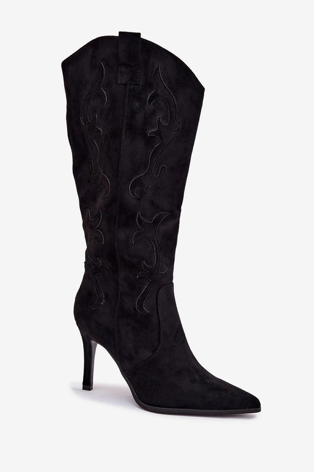 cuissardes femmes noir suédine écologique tige haute cowboy broderies décoratives fermeture zippée bout pointu talon aiguille élancé coupe féminine sensuelle