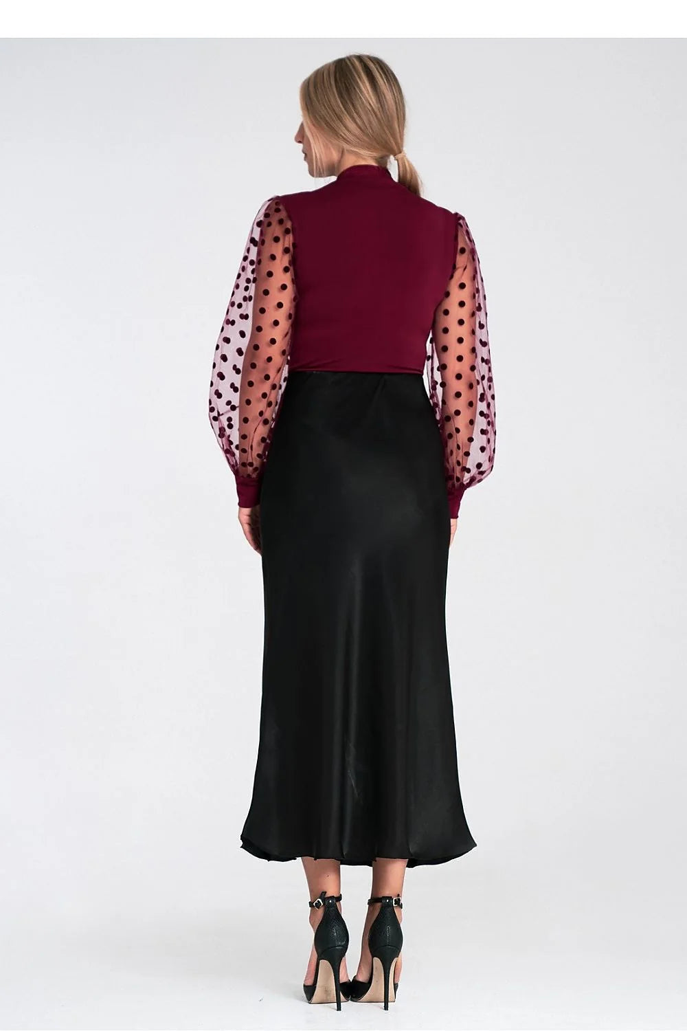 Robe de soirée élégante longue manches longues en tulle noir pois slim fit femme