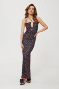 Robe longue élégante pour femme en maille imprimée motifs floraux couleurs sombres et légères encolure nouée sans manches ajustable style tuba occasionnels semi-formels