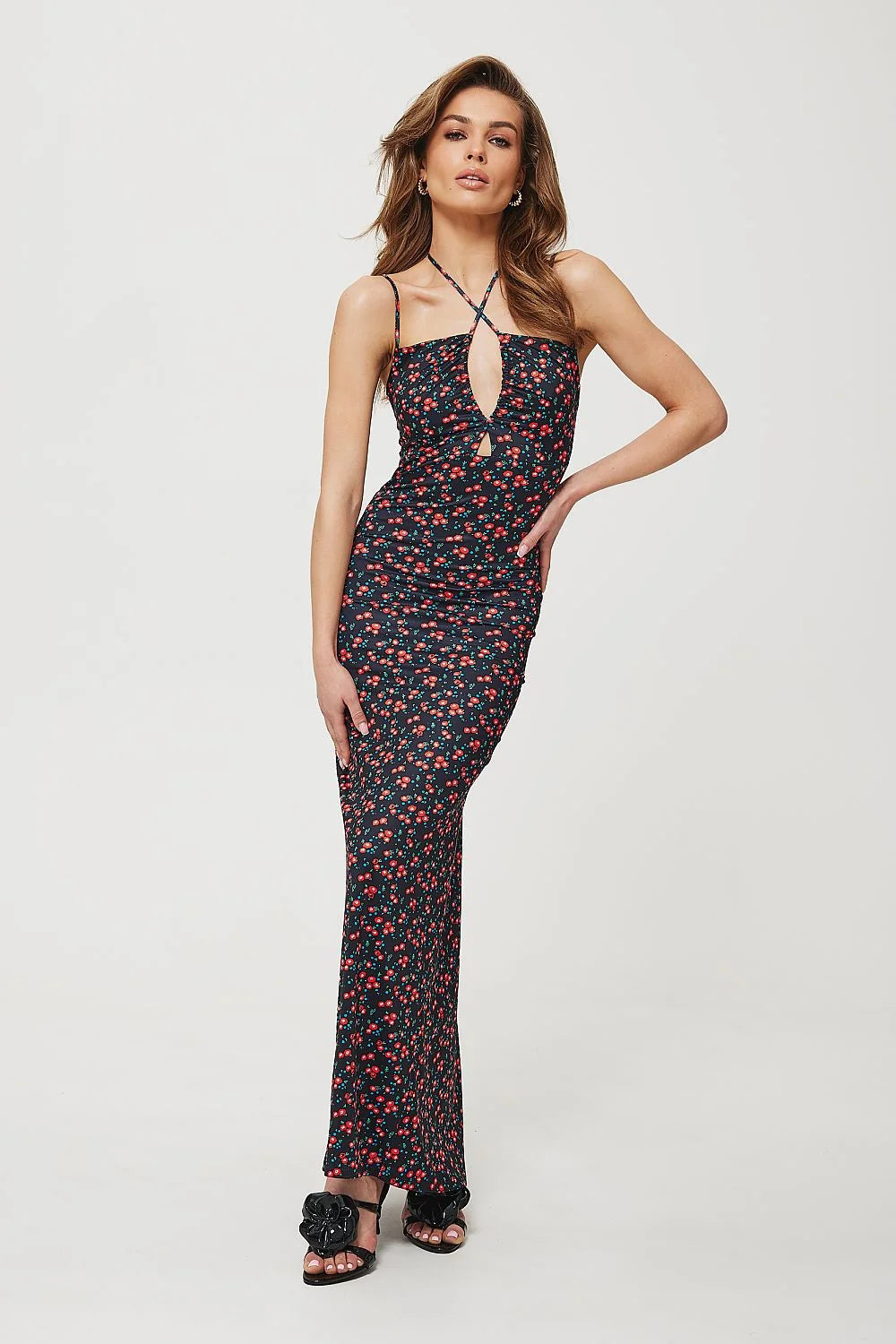 Robe longue élégante pour femme en maille imprimée motifs floraux couleurs sombres et légères encolure nouée sans manches ajustable style tuba occasionnels semi-formels