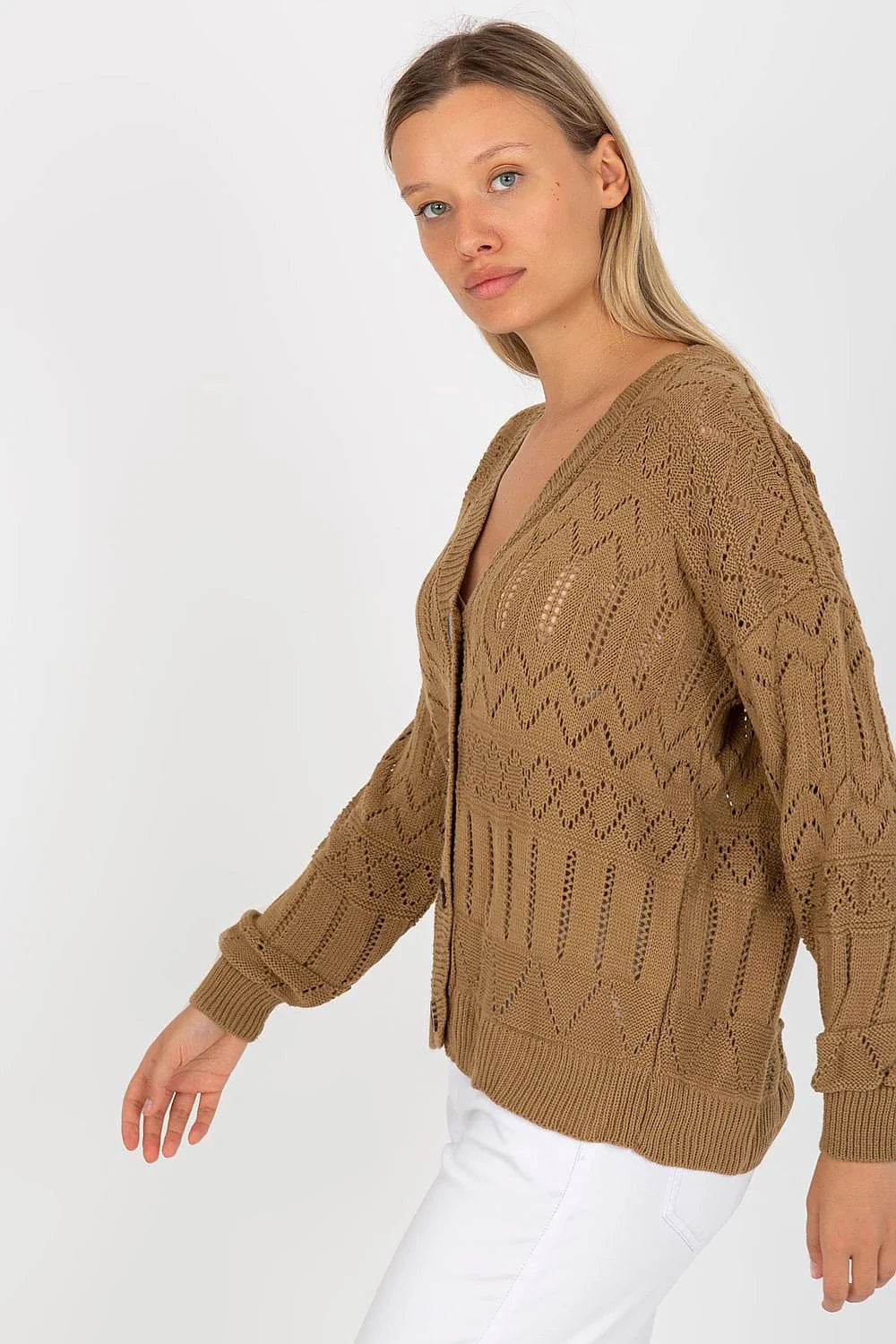 cardigan femme maille ajourée pointelle ivoire gilet boutonné colV coupe relaxed oversize tricot léger bordures côtelées boutons écaille