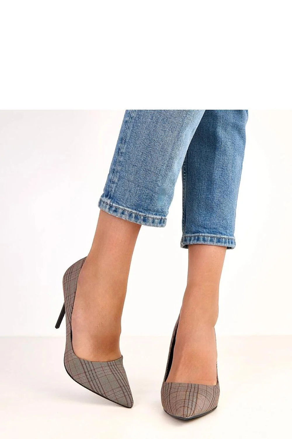 escarpins femme talon aiguille 11cm bout pointu carreaux princegalles marron beige lignes rouges noires textile tissé office chic