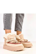bottines hiver femme franges décoratives cuir suédé écologique doublure fourrure synthétique plateforme 4 cm semelle crantée antidérapante beige mocassin élégant