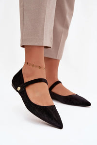 ballerines velours noir femme maryjane pointues bouts affinés bride velcro doré décoratif semelle fine talon plat confortable élégantes