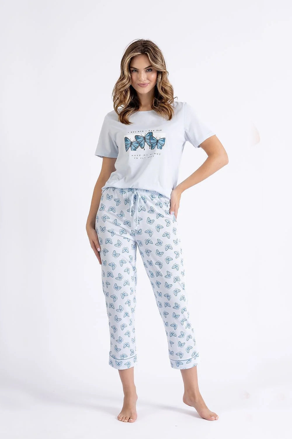 Pyjama femme confortable style papillon imprimé manches courtes col rond coton blanc bleu nuit détente cadeau