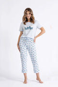 Pyjama femme confortable style papillon imprimé manches courtes col rond coton blanc bleu nuit détente cadeau