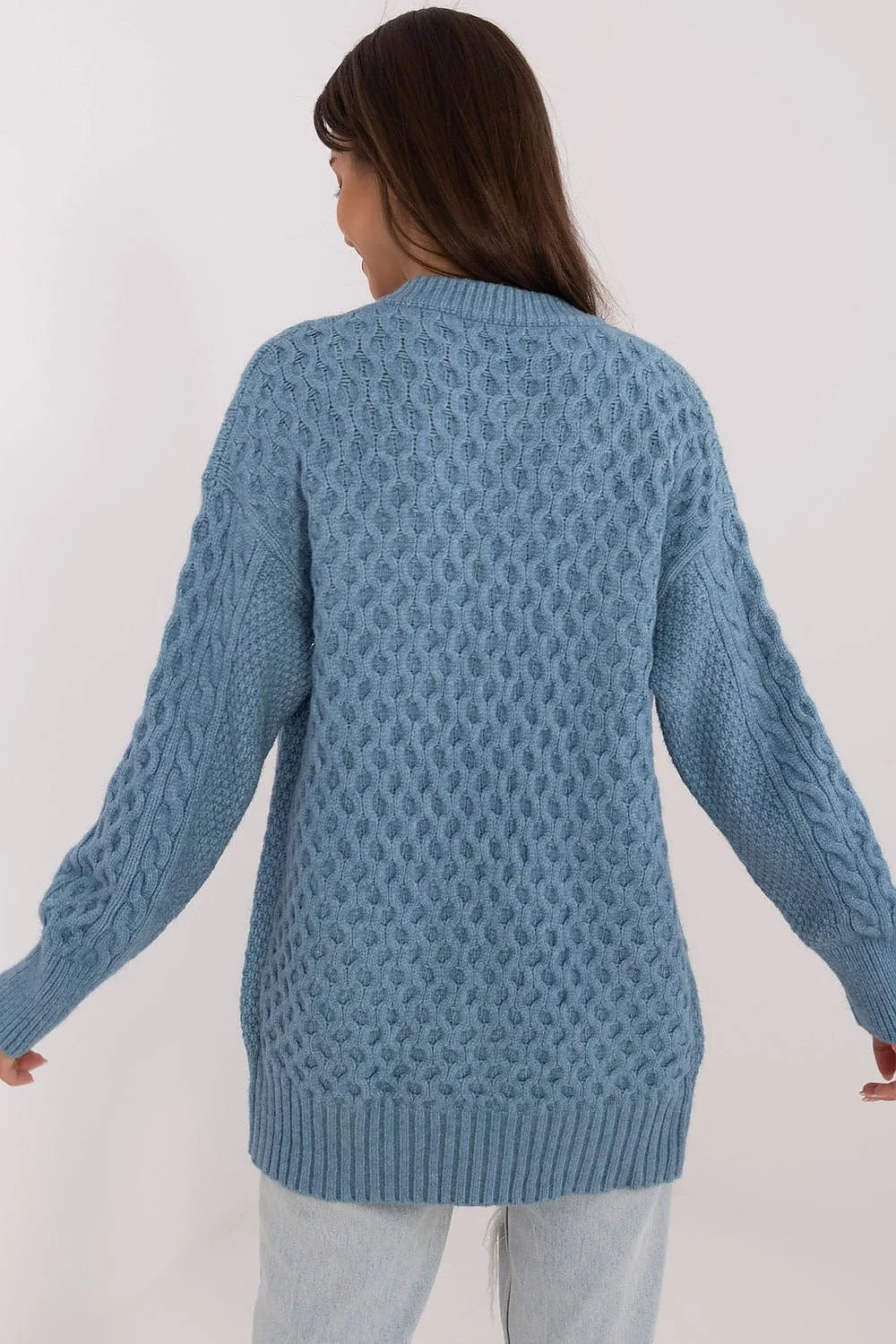 Cardigan femme style classique bleu doux manches longues torsadé boutons en bois coupe ample