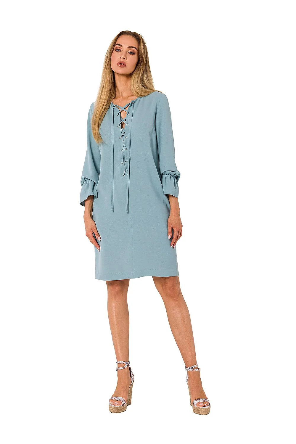 robe jour Moe femme décontracté chic manches longues évasées col lacé oeillets cordons ceinture ajustable maille souple fluide marron