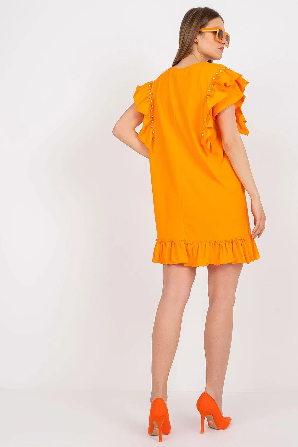 robe estivale corail légère fluide coton viscose col rond coupe droite manches courtes volants perles ourlet volanté féminine chic confortable