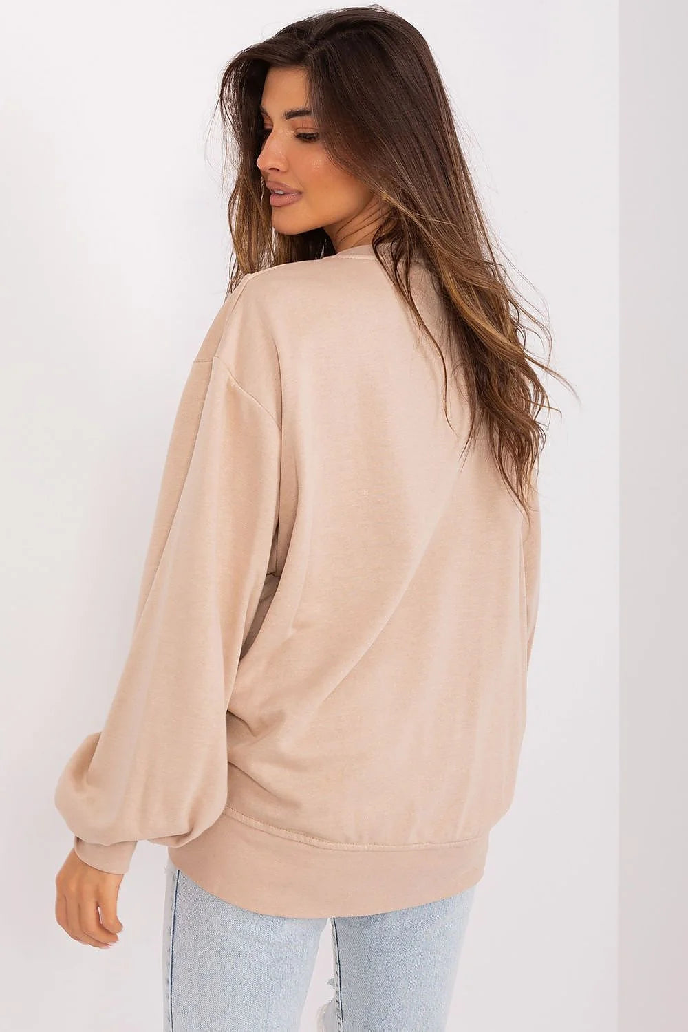 pull femme oversize beige col rond manches ballon coupe décontractée doux coton polyester couture V ourlet côtelé confortable polyvalent stylé