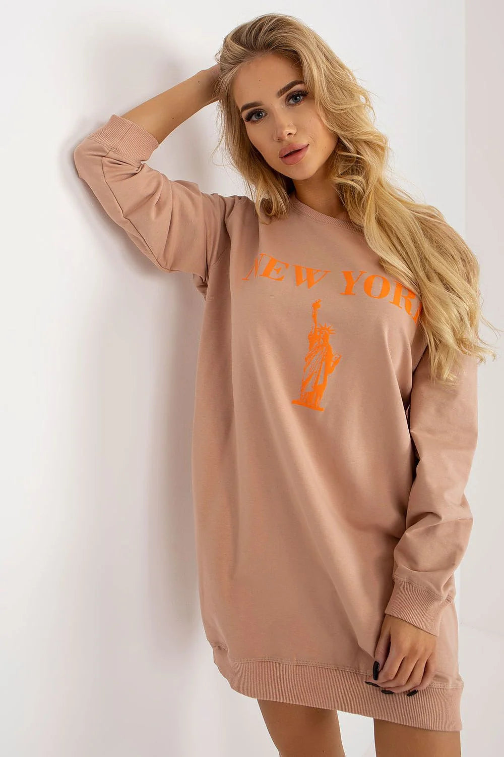 Sweatshirt Femme Oversize en Coton Poly Élasthanne Design Moderne Logo New York Statue de Liberté Longue Manches Côtelées