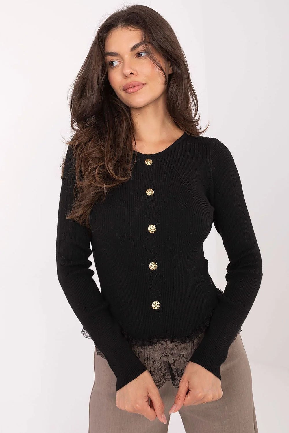 cardigan femme maille côtelée ajusté court taille col rond manches longues boutonné noir boutons dorés dentelle volant féminin élégant