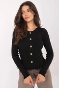 cardigan femme maille côtelée ajusté court taille col rond manches longues boutonné noir boutons dorés dentelle volant féminin élégant