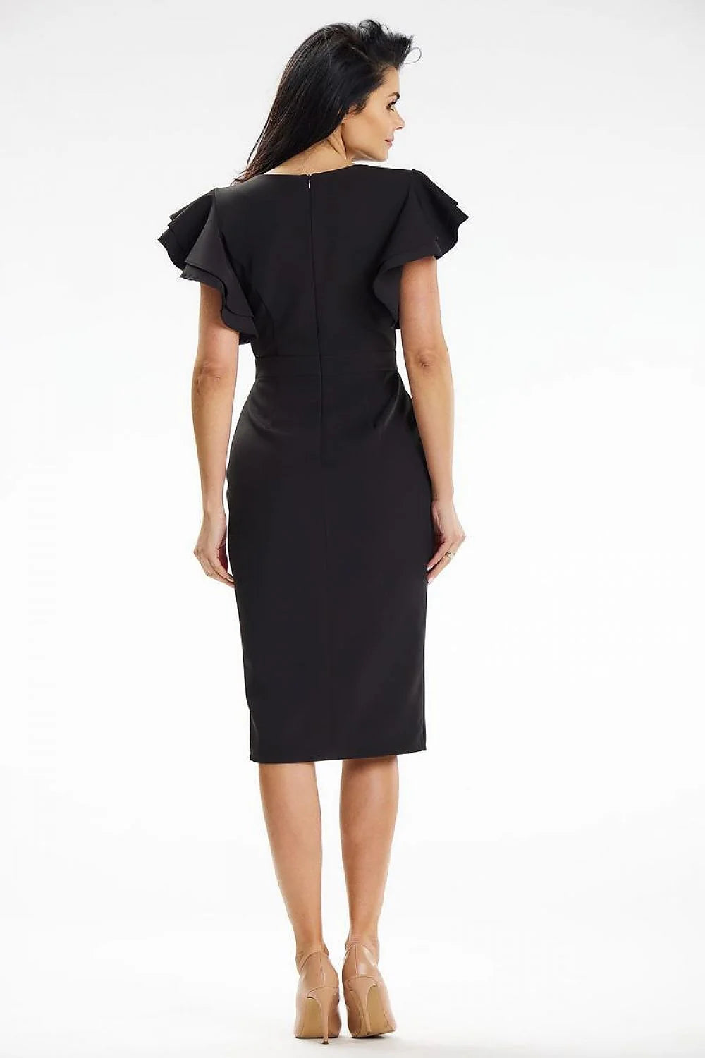 Robe de cocktail élégante noire manches courtes fente décolleté cœur Polyester Élasthanne femmes mariage communion