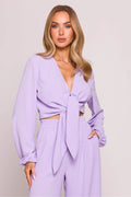 Chemisier Moe élégant tissu léger froissé décolleté V manches longues nœud asymétrique taille ajustable femme