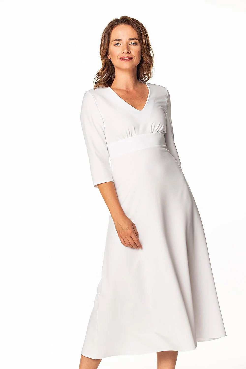 Robe de jour élégante coupe midi décolleté en V manches 3/4 bande à la taille taille ajustable femme