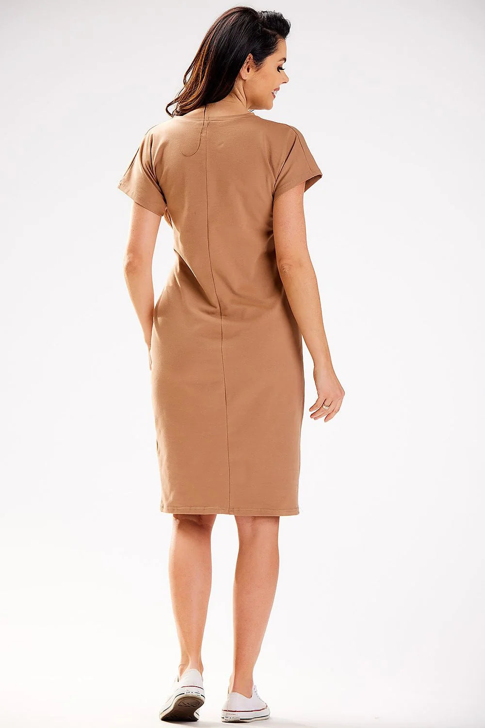 Robe de jour Infinite You élégante couleur camel manches courtes ceinture intégrée coupe ajustée Taille ajustable femme