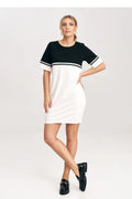 Robe de jour moderne en coton élasthanne noire et blanche coupe droite manches courtes ceinture centrale poches latérales taille ajustable femme