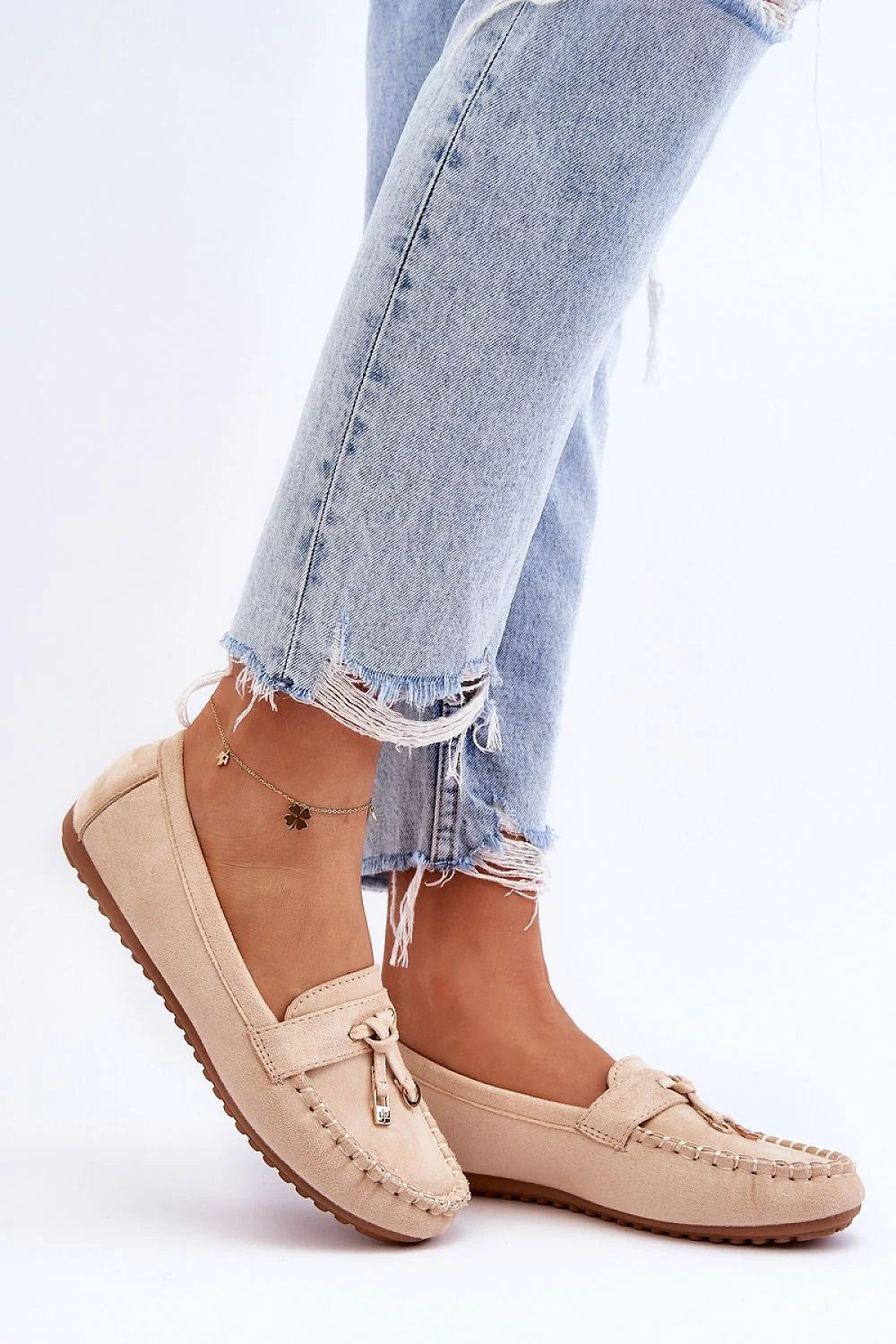 Moccasins femmes style classique suède écologique beige clair plateforme plateforme semelle caoutchouc confortable porté décontracté printemps été