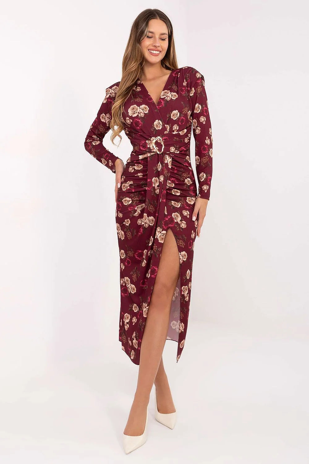 robe crayon midi bordeaux floral manches longues portefeuille fente cuisse cachecoeur froncée taille ceinturée boucle métallique viscose polyester fluide élégante