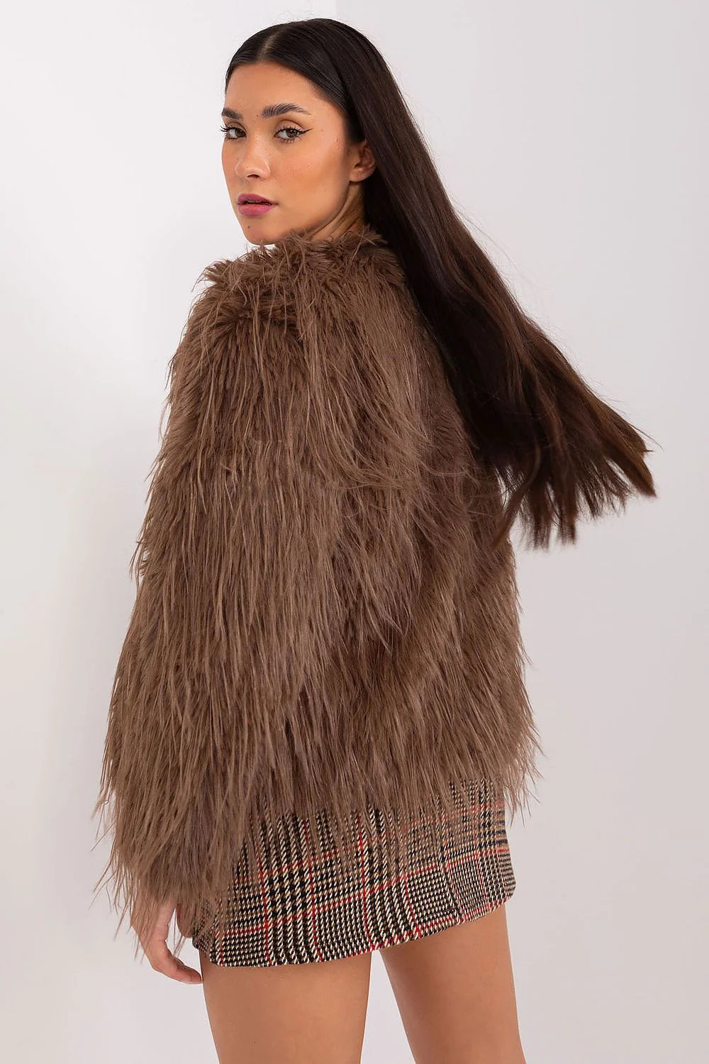 Veste fausse fourrure marron coupe ample style bohème chic printemps-hiver veste transition femme