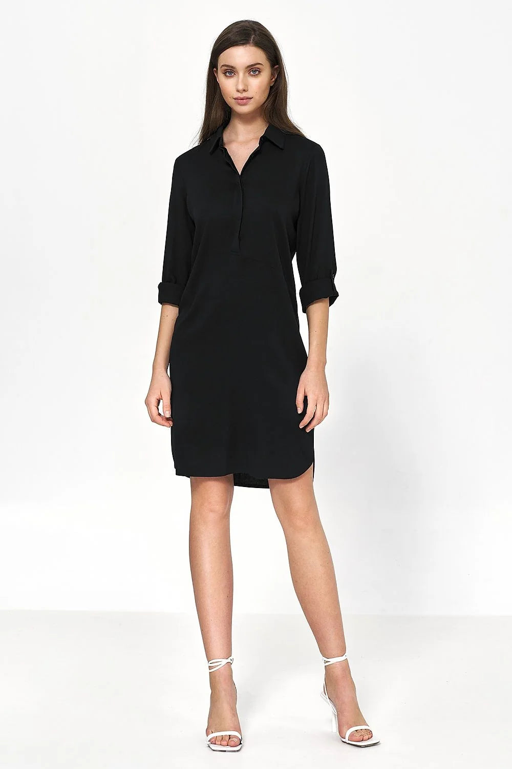 robe oversize viscose noire manches longues retroussables ceinture intégrée chemisier col droit boutonnage coupe droite fluide longueur genou élégante