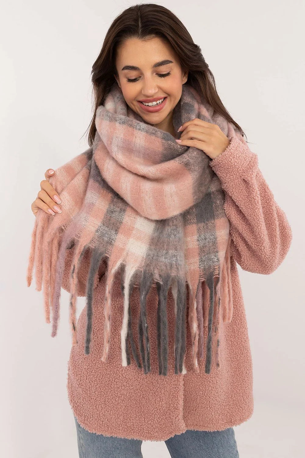 Écharpe en laine imitation châle carreaux rose gris blanc franges longueur 186 cm féminine hiver