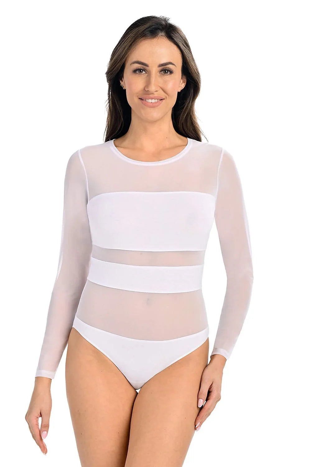 Body féminin moderne en viscose opaque et transparente, manches longues, encolure ronde, blanc, ajusté,多用途