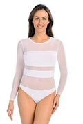 Body féminin moderne en viscose opaque et transparente, manches longues, encolure ronde, blanc, ajusté,多用途