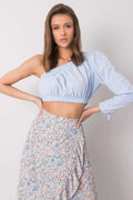 Tenue féminine chemisier asymétrique manche longue crop top jupe portefeuille motif floral bleu rose vert femme