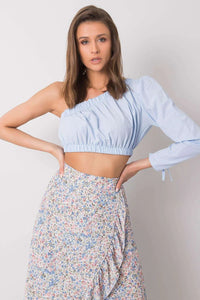 Tenue féminine chemisier asymétrique manche longue crop top jupe portefeuille motif floral bleu rose vert femme