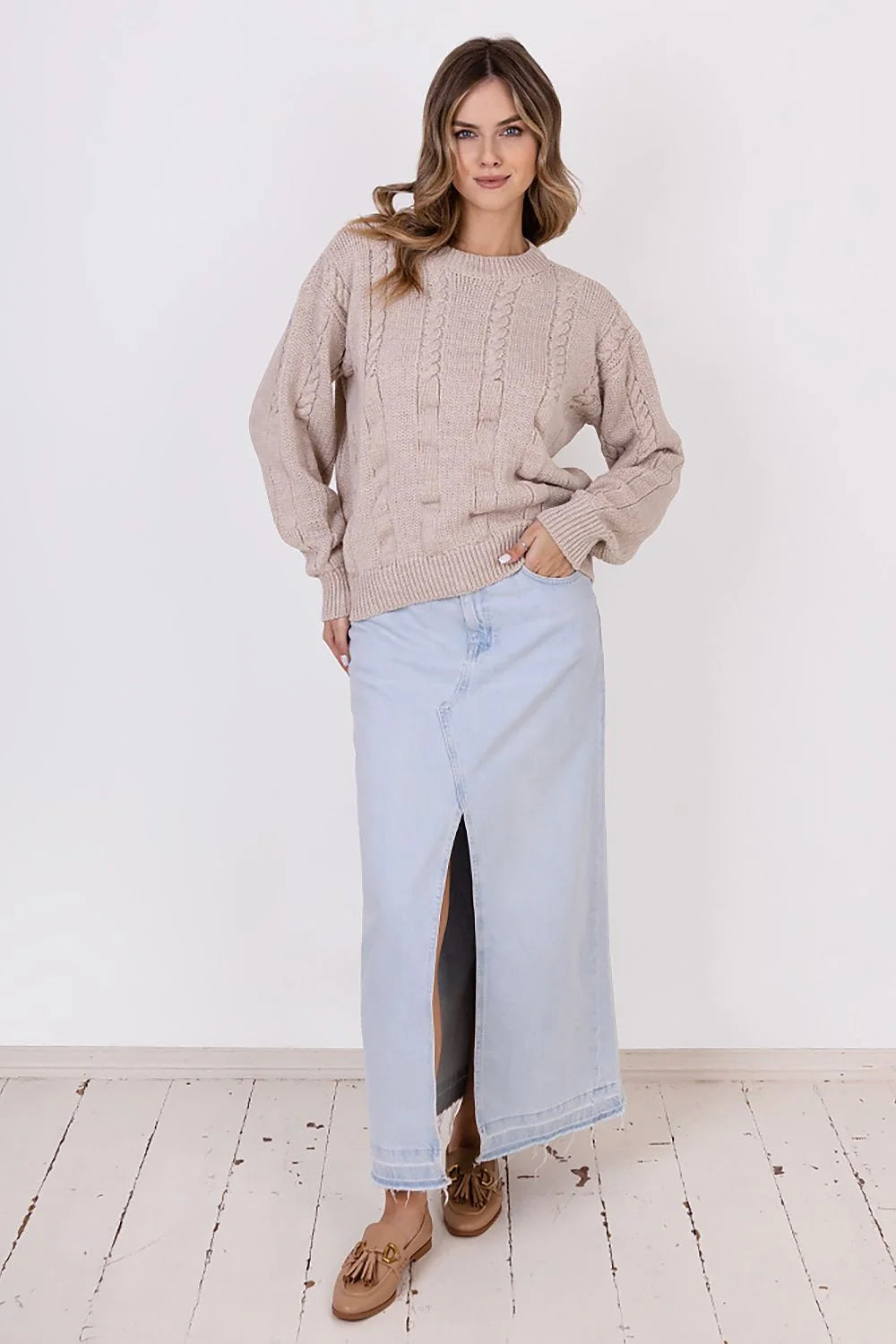 Pull maille design torsadé laine acrylique femme mode hivernale coupe décontractée manches longues beige