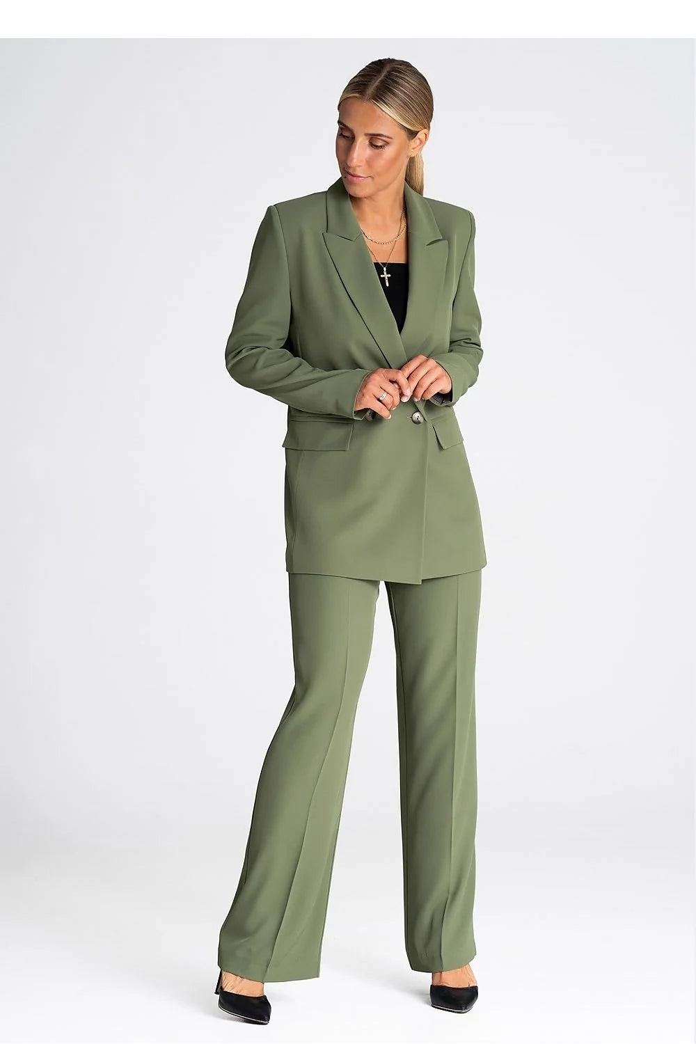 Tailleur femme élégant vert olive double boutonnage veste pantalon高定 coupe structurée occasion formelle