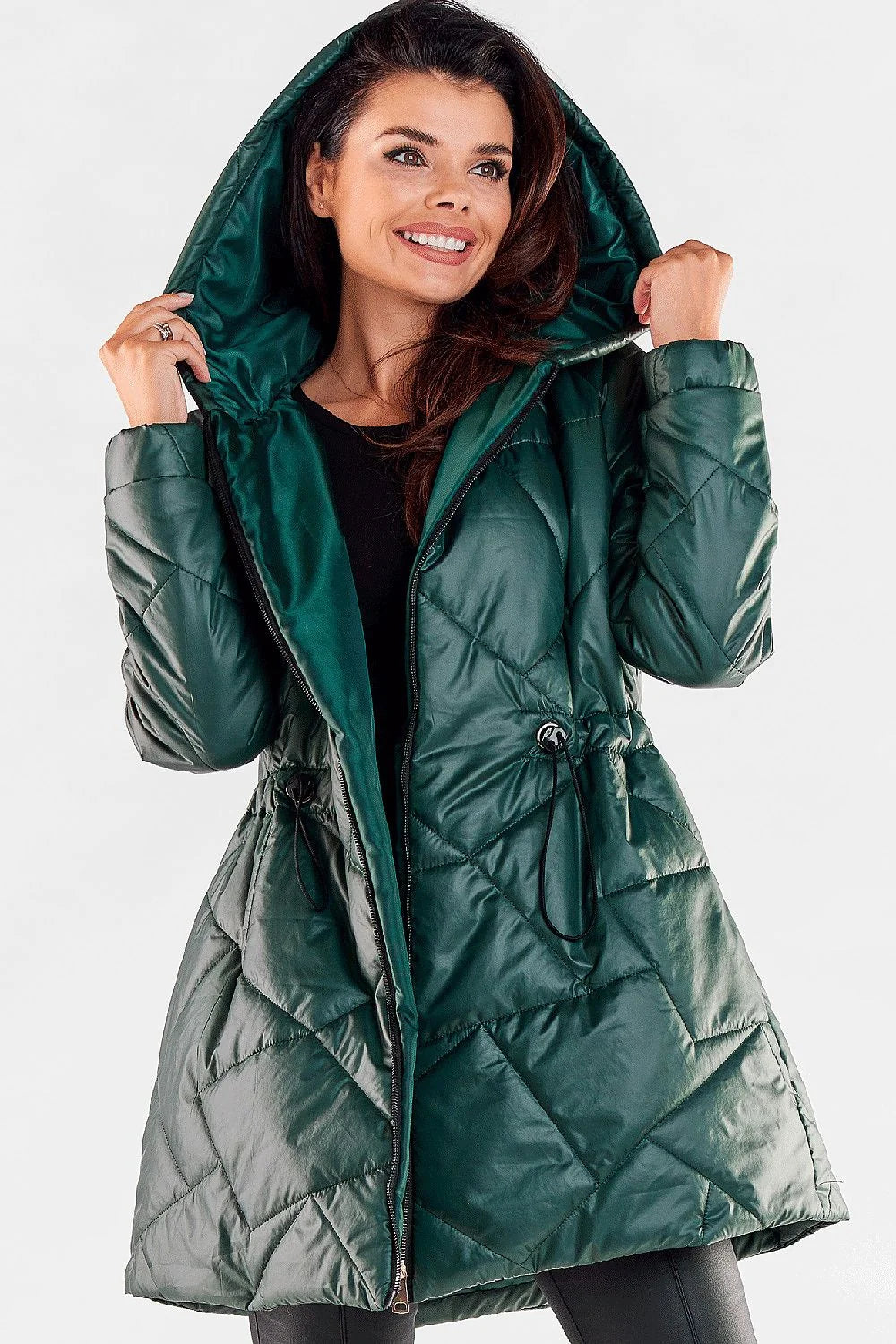 Manteau d'hiver pour femme moderne fonctionnel coupe évasée longueur midi capuche ajustable fermeture éclair cordon taille tissu brillant surpiqûres géométriques élastiques poignets polyester