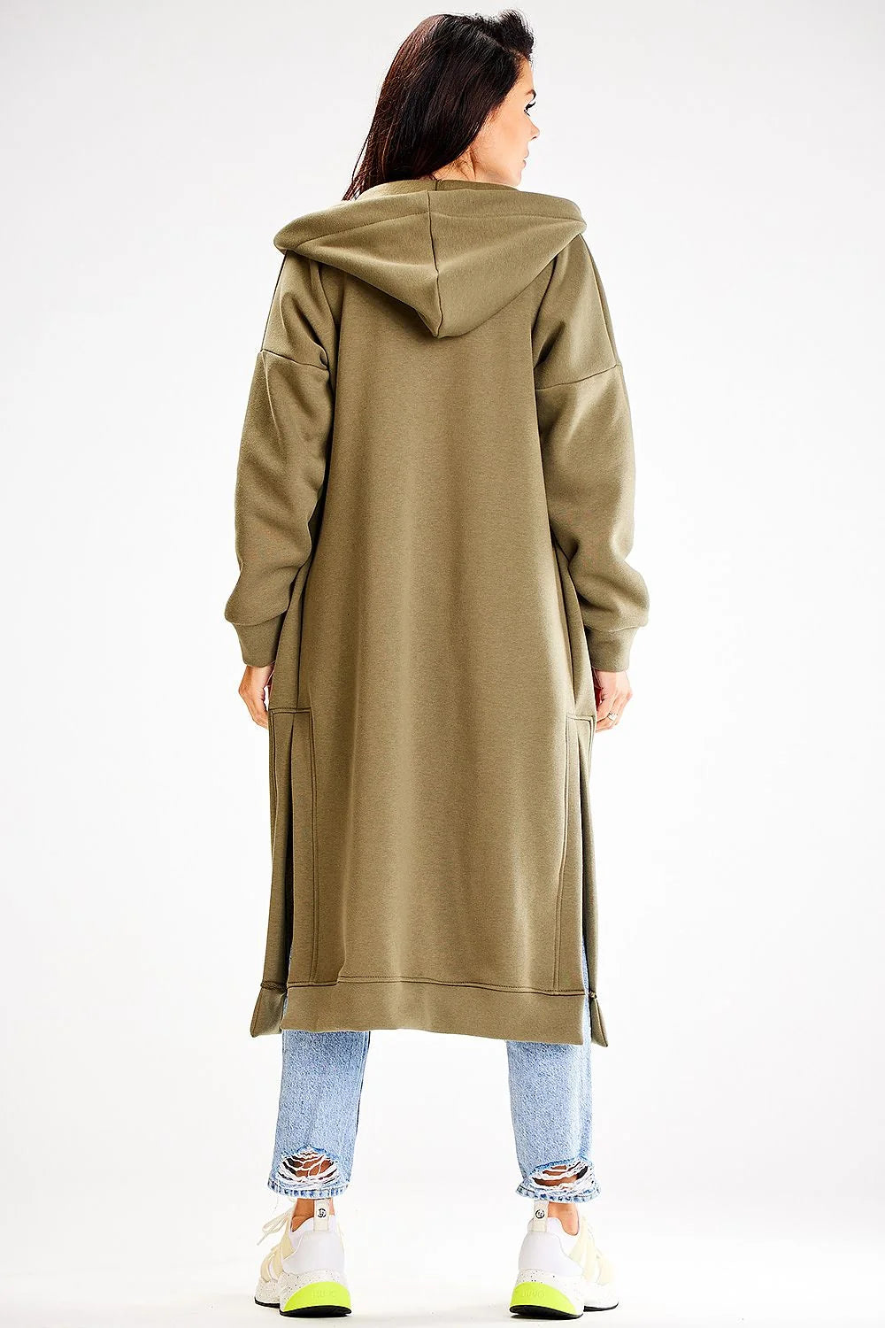 manteau long ample capuche large poches kangourou coton polyester molletonné chaud doux coupe droite manches raglan kaki olive décontracté