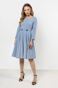 Robe classique moderne bleu clair en polyester/viscose manches longues taille cintrée boutons noirs femme
