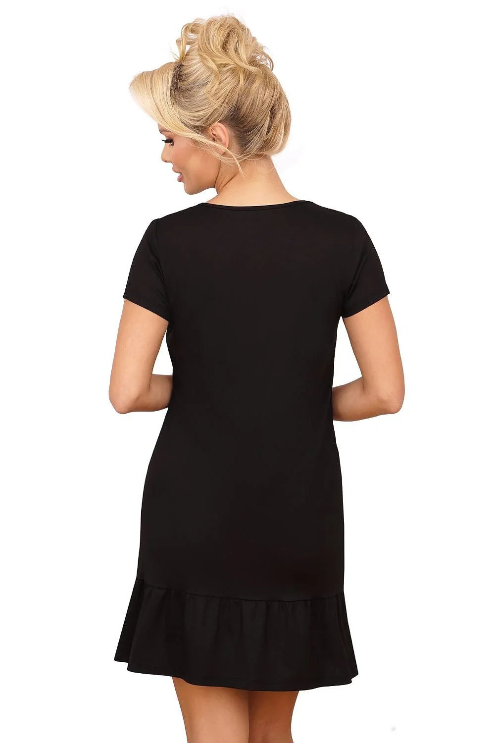 Chemise de nuit Donna en coton noir imprimé panthère manches courtes encolure en V volant à la base féminine et élégante