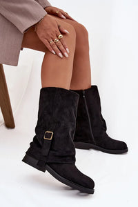 bottes mi mollet femme suédine écologique noir talon bas semelle plate confort fermeture zippée latérale bride boucle dorée