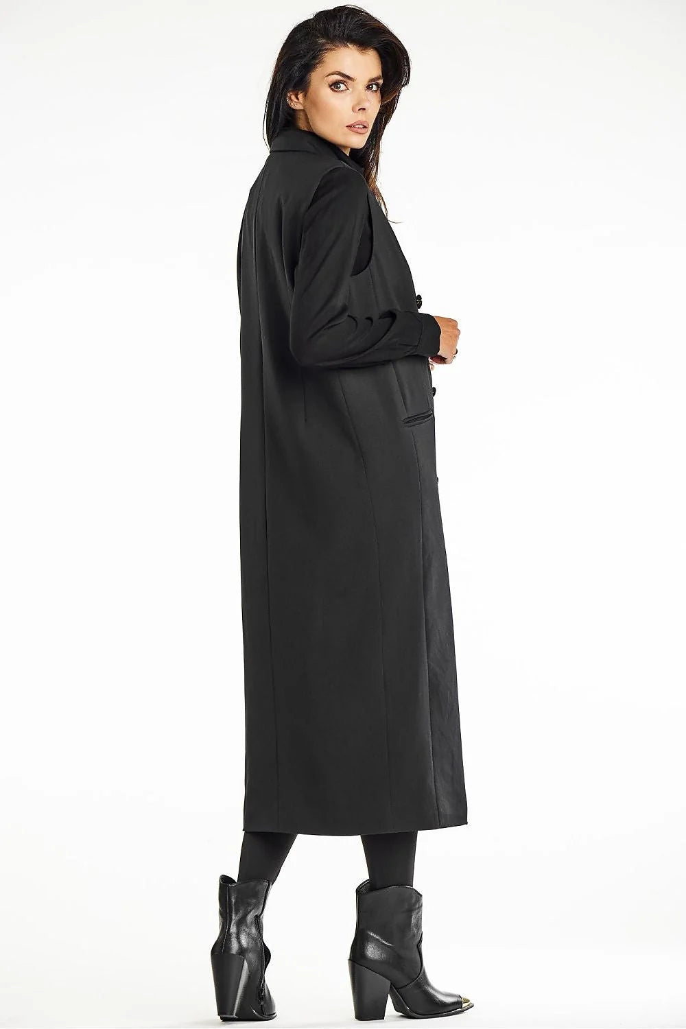 Manteau long pour femme élégant classique double boutonnage laine noire épaules structurées poches latérales