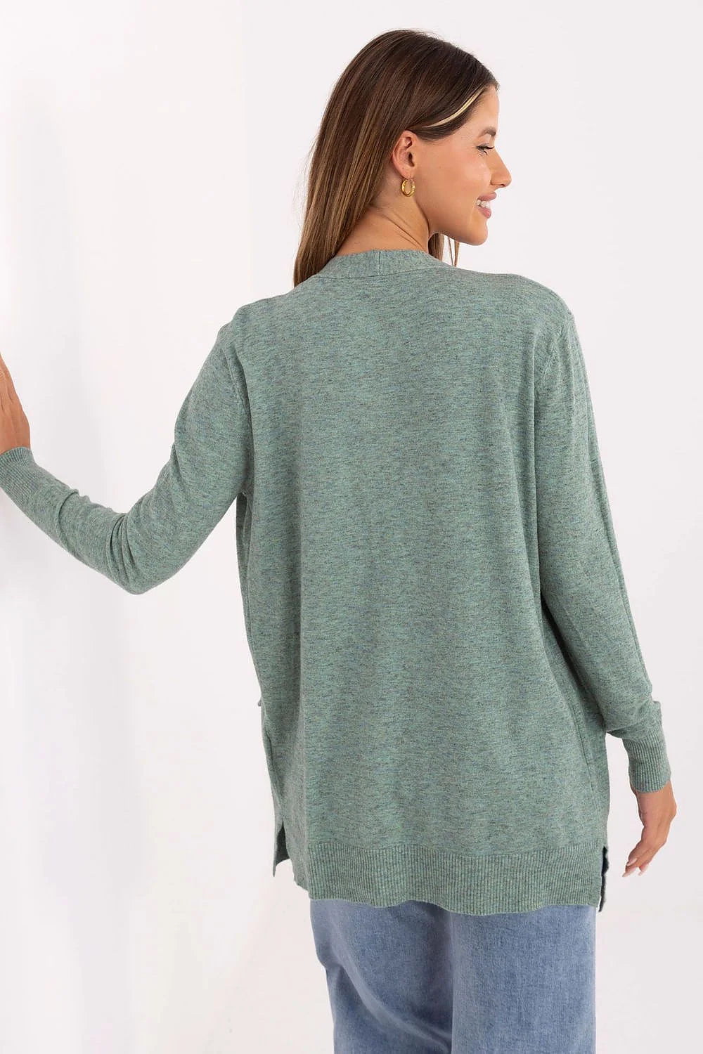 cardigan gilet femme ouvert tricot fin vert chiné manches longues poches plaquées bordscotes ourlet coupe droite longueur hanche maille douce