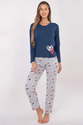 pyjama femme deux pièces coton doux respirant manches longues col rond bleu marine haut cœur imprimé pantalon gris chiné élastique