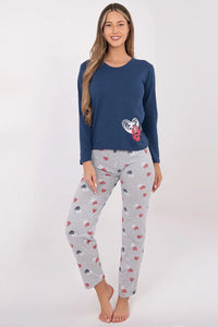 pyjama femme deux pièces coton doux respirant manches longues col rond bleu marine haut cœur imprimé pantalon gris chiné élastique