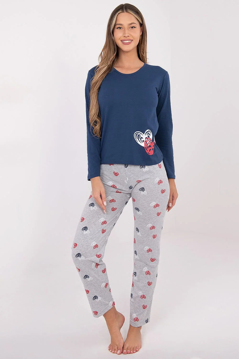 pyjama femme deux pièces coton doux respirant manches longues col rond bleu marine haut cœur imprimé pantalon gris chiné élastique