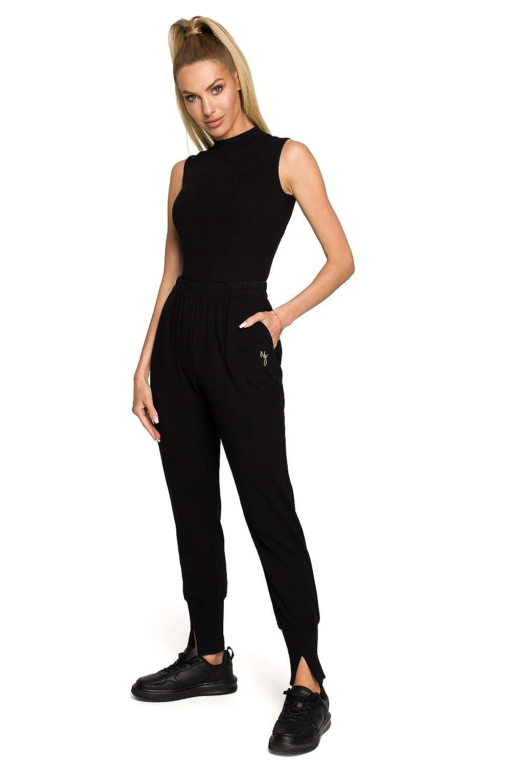 Pantalon survêtement Moe avec broderies et fentes, coupe ajustée, taille haute, coton élasthanne, style urbain pour femme