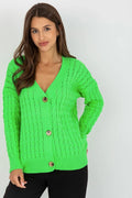 Cardigan Rue Paris pour femme, vert néon, tricoté, manches longues, encolure en V, coupe ample, matelassé, boutons en bois, taille universelle