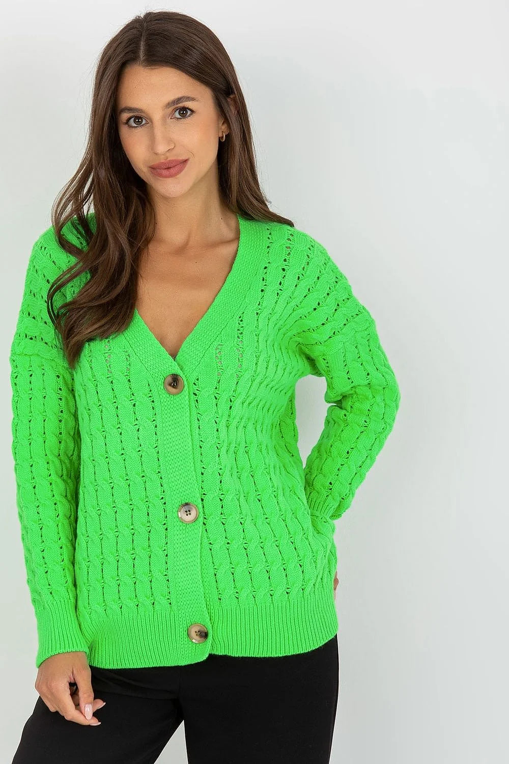Cardigan Rue Paris pour femme, vert néon, tricoté, manches longues, encolure en V, coupe ample, matelassé, boutons en bois, taille universelle