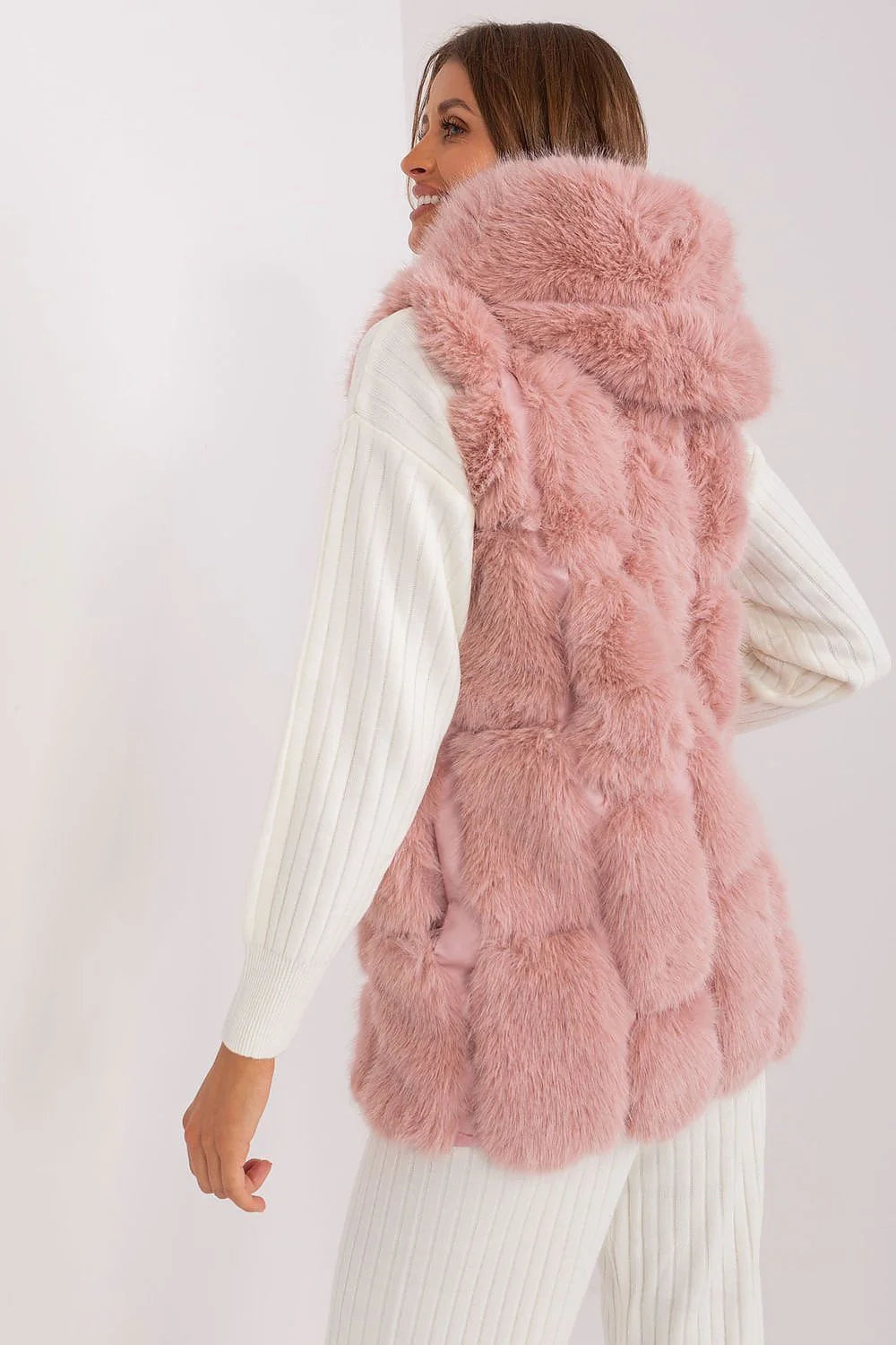 Gilet sans manches pour femmes fourrure artificielle rose pastel coupe droite doublure intérieure fermeture éclaire élégance hiver mode