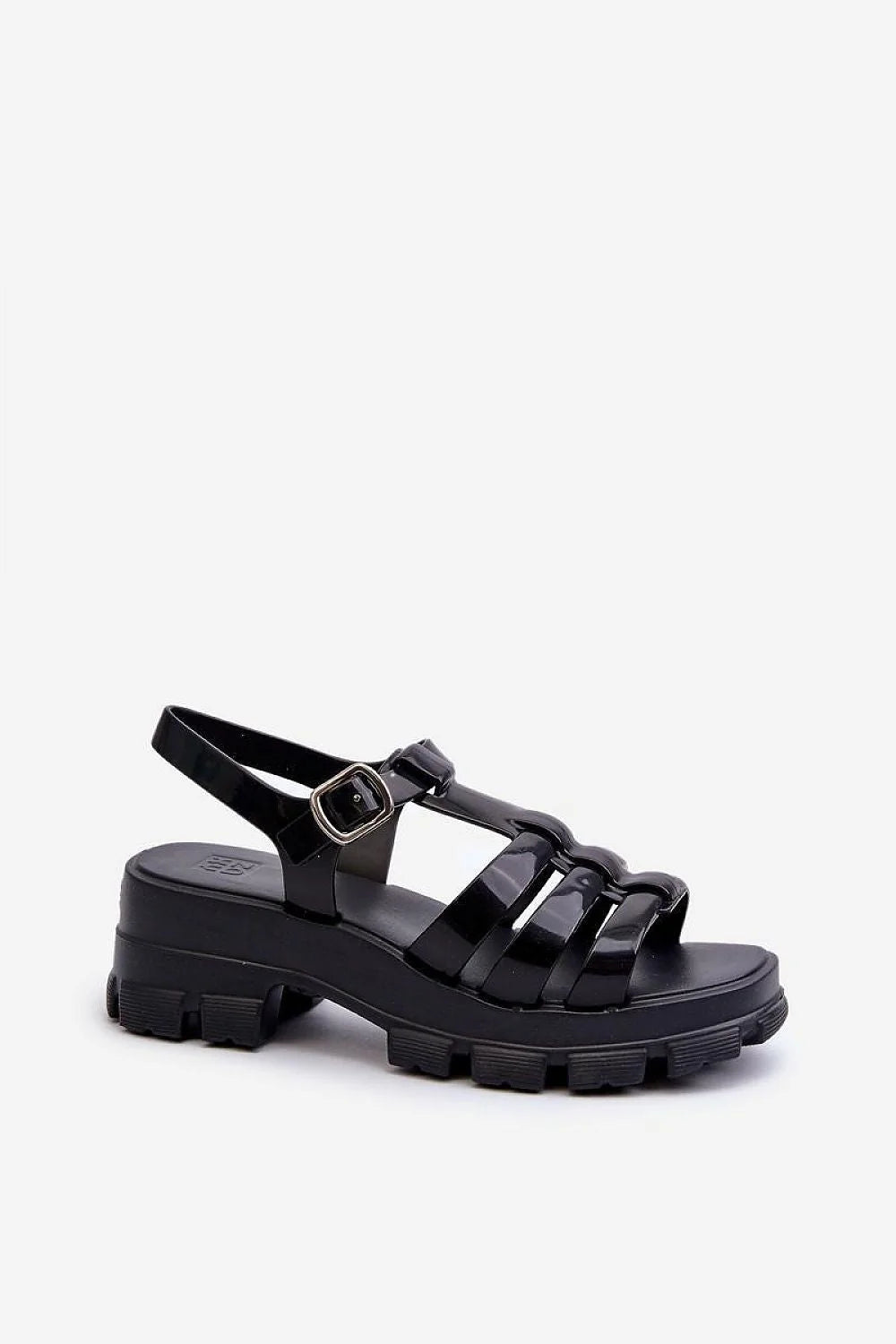 Sandales contemporaines style audacieux plateforme épaisse cuir verni noir bride ajustable sandales femmes végétaliennes recyclables Zaxy